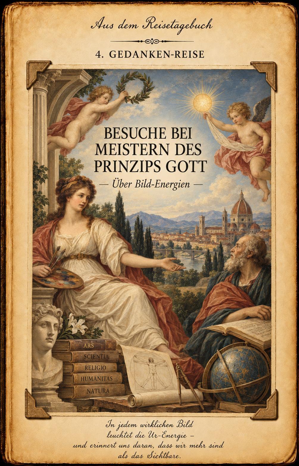 Illustrierter Auftakt zur vierten Gedankenreise: Besuche bei Meistern des Prinzips Gott